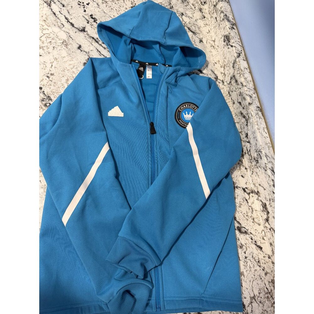Adidas Charlotte FC MLS 2024 Anthem Jacket Blue Full Zip Hoodie Size Small